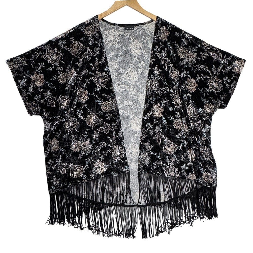 Velvet Floral Fringe Kimono Cardigan Torrid Womens Size 1 Plus Boho Festival